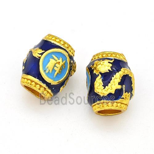 Copper Barrel Beads Blue Painted Dragon Large Hole Gold Plated