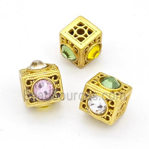 Copper Cube Beads Pave Rhinestone Hollow Gold Plated