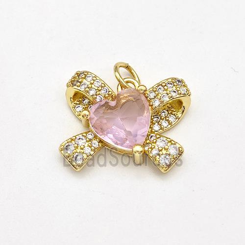 Copper Bow Pendant Pave Crystal Glass Heart Gold Plated