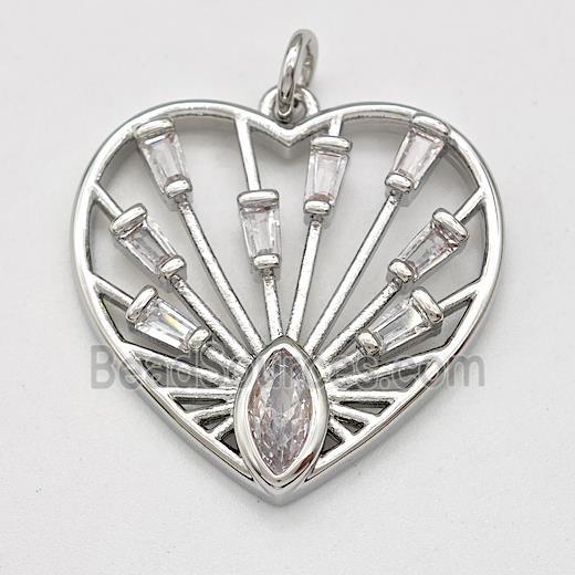 Copper Heart Pendant Micro Pave Zirconia Eye Platinum Plated