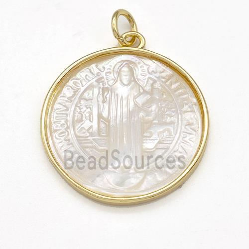 Jesus Charms Copper Circle Pendant Pave Shell Gold Plated