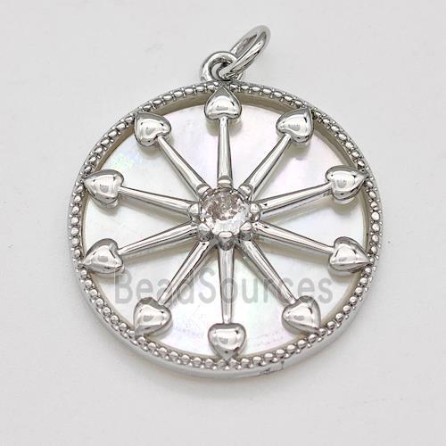 Copper Compass Pendant Pave Shell Zirconia Platinum Plated