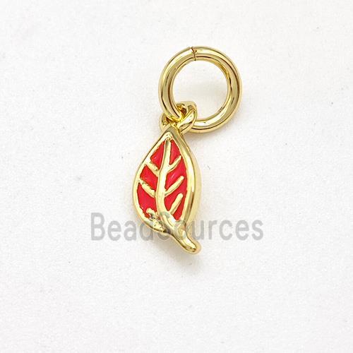 Copper Leaf Pendant Red Enamel Gold Plated