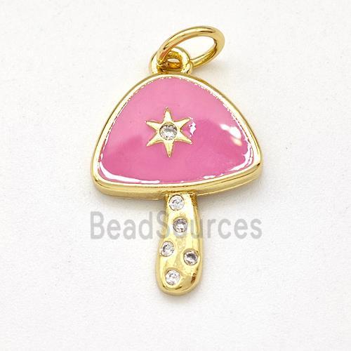 Copper Mushroom Pendant Pave Zirconia Pink Enamel Star Gold Plated