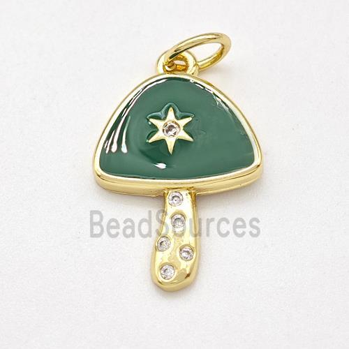 Copper Mushroom Pendant Pave Zirconia Green Enamel Star Gold Plated