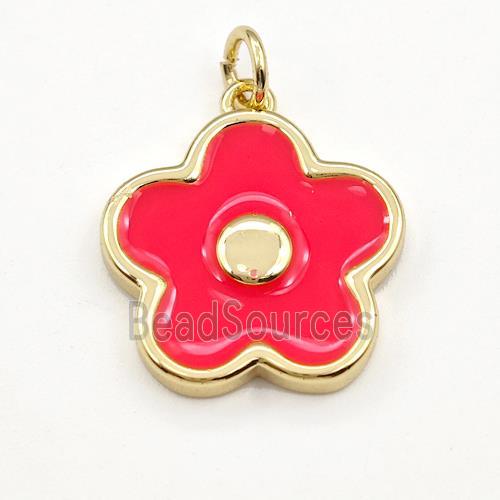 Copper Flower Pendant Red Enamel Gold Plated