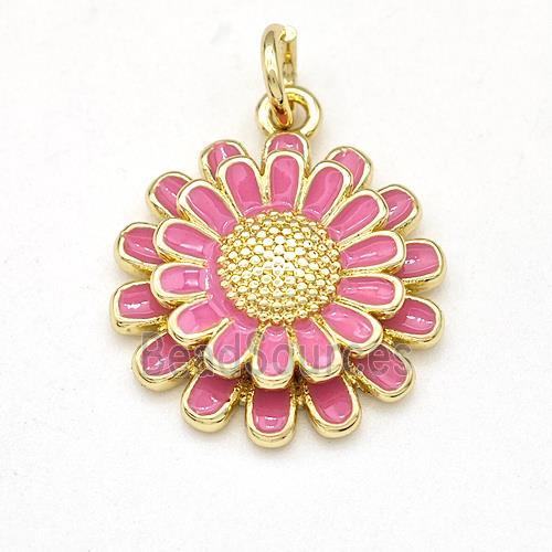 Copper Sunflower Pendant Pink Enamel Gold Plated