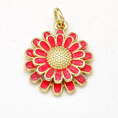 Copper Sunflower Pendant Red Enamel Gold Plated