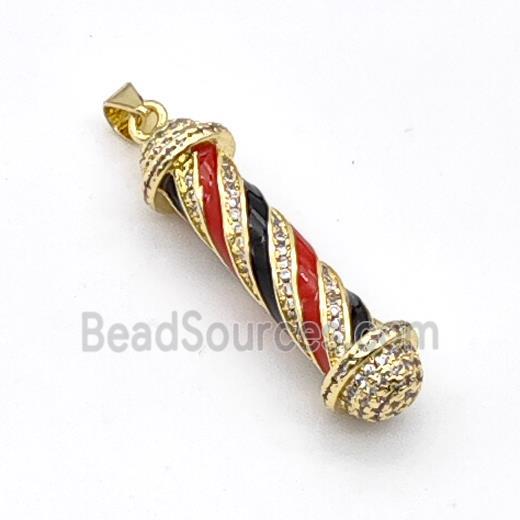 Barber Pole Charms Copper Stick Pendant Pave Zirconia Black Red Enamel Gold Plated