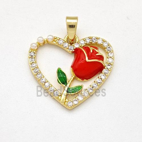 Copper Heart Pendant Pave Zirconia Red Enamel Flower Gold Plated