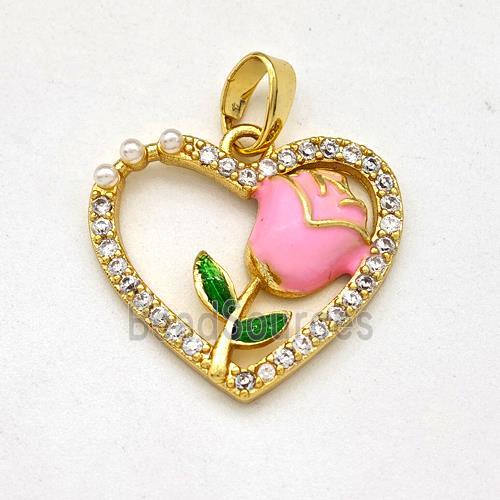 Copper Heart Pendant Pave Zirconia Pink Enamel Flower Gold Plated