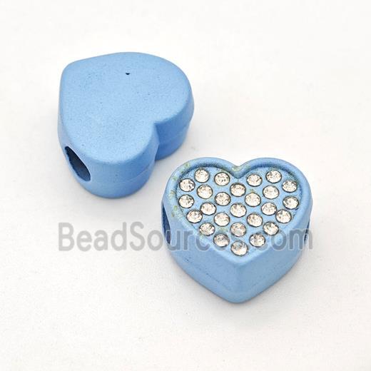 Blue Resin Heart Beads Micro Pave Rhinestone Large Hole