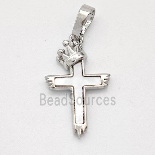 Copper Cross Pendant Pave Shell Crown Platinum Plated