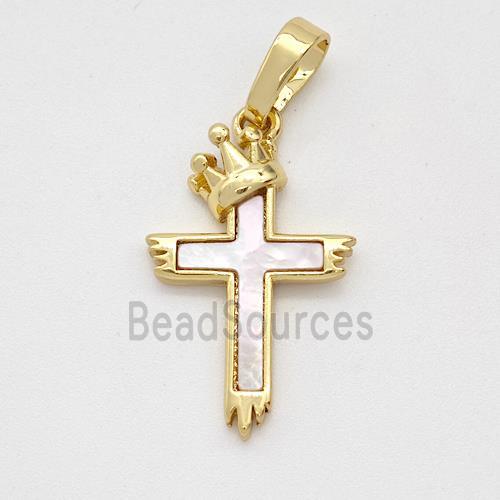 Copper Cross Pendant Pave Shell Crown Gold Plated