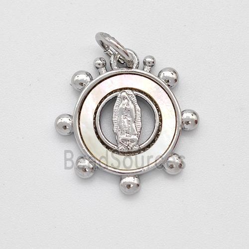 Virgin Mary Charms Copper Circle Pendant Pave Shell Platinum Plated