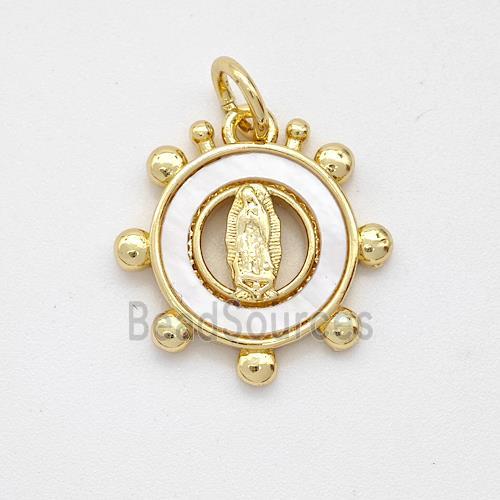 Virgin Mary Charms Copper Circle Pendant Pave Shell Gold Plated