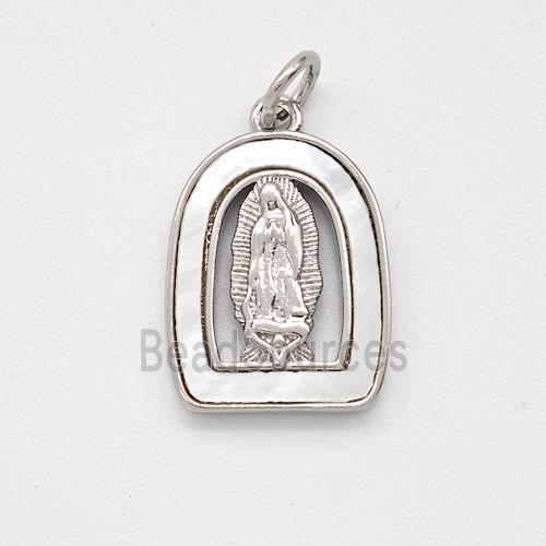 Virgin Mary Charms Copper Pendant Pave Shell Platinum Plated