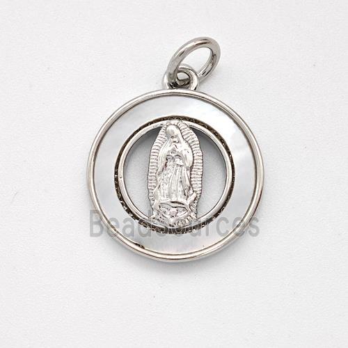 Virgin Mary Charms Copper Pendant Pave Shell Platinum Plated