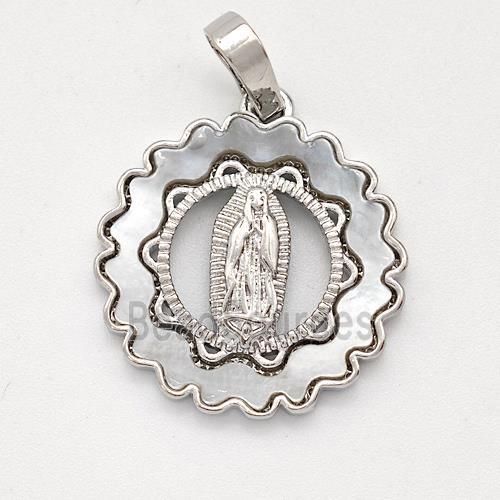 Virgin Mary Charms Copper Pendant Pave Shell Platinum Plated