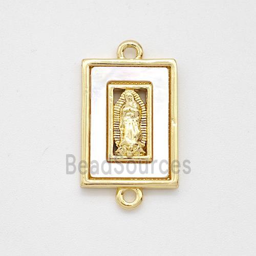 Virgin Mary Charms Copper Rectangle Connector Pave Shell Gold Plated