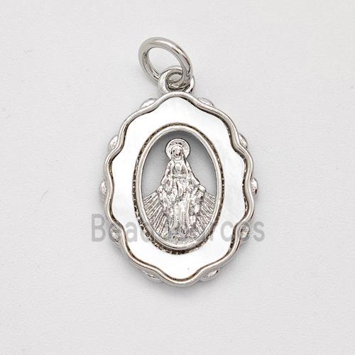 Virgin Mary Charms Copper Pendant Pave Shell Platinum Plated