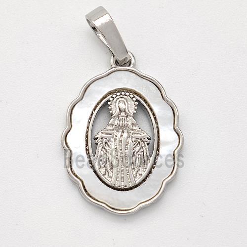 Virgin Mary Charms Copper Pendant Pave Shell Platinum Plated