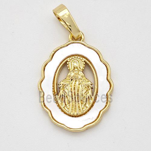 Virgin Mary Charms Copper Pendant Pave Shell Gold Plated