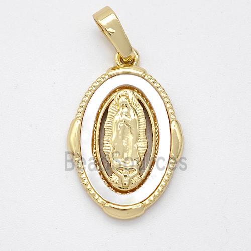 Virgin Mary Charms Copper Pendant Pave Shell Gold Plated