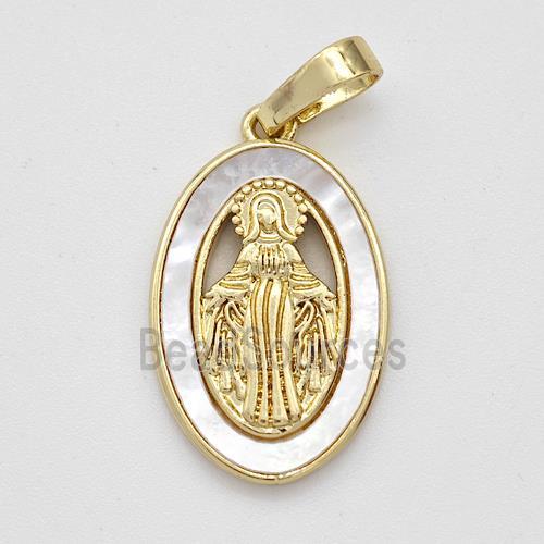 Virgin Mary Charms Copper Pendant Pave Shell Gold Plated