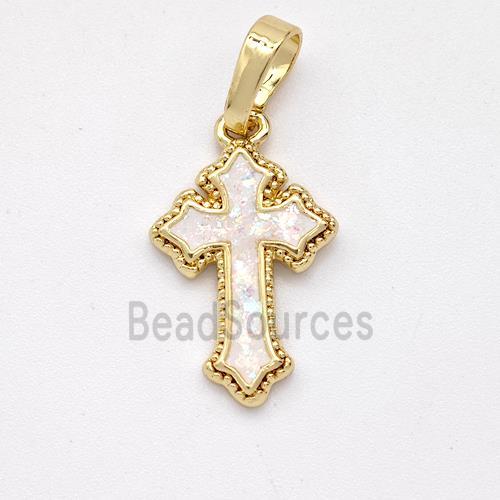 Copper Cross Pendant Pave White Fire Opal 18K Gold Plated