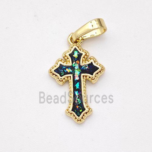 Copper Cross Pendant Pave Black Fire Opal 18K Gold Plated