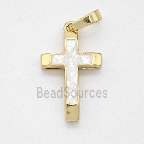 Copper Cross Pendant Pave White Fire Opal 18K Gold Plated