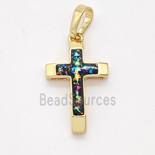 Copper Cross Pendant Pave Black Fire Opal 18K Gold Plated