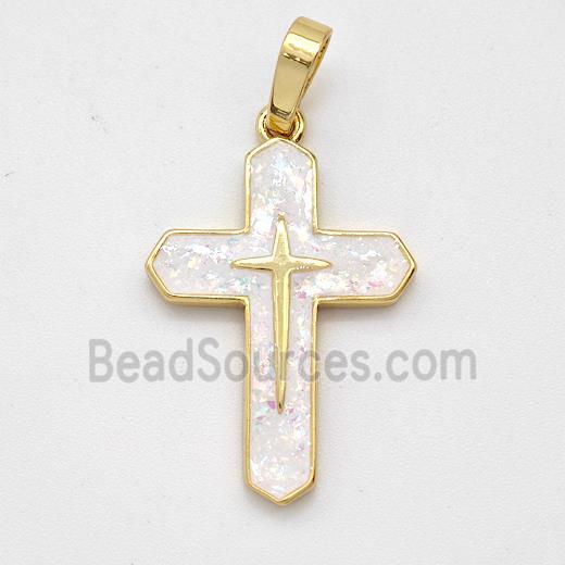 Copper Cross Pendant Pave White Fire Opal 18K Gold Plated