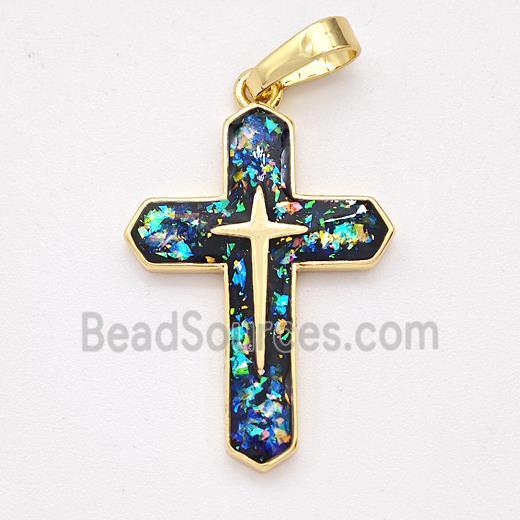 Copper Cross Pendant Pave Black Fire Opal 18K Gold Plated