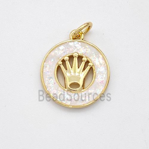 Copper Crown Pendant Pave White Fire Opal Circle 18K Gold Plated