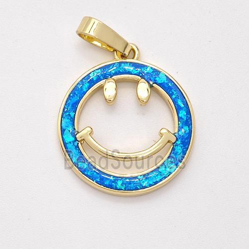 Copper Emoji Pendant Pave Blue Fire Opal Smileface 18K Gold Plated