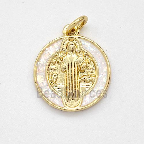 Jesus Charms Copper Pendant Pave White Fire Opal 18K Gold Plated