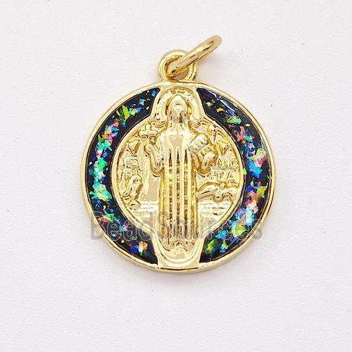 Jesus Charms Copper Pendant Pave Fire Opal 18K Gold Plated