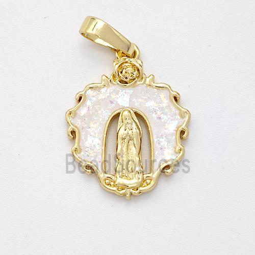 Jesus Charms Copper Pendant Pave White Fire Opal 18K Gold Plated