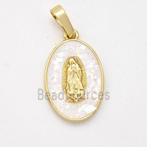 Virgin Mary Charms Copper Pendant Pave White Fire Opal 18K Gold Plated