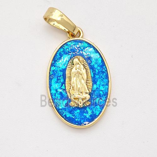 Virgin Mary Charms Copper Pendant Pave Blue Fire Opal 18K Gold Plated