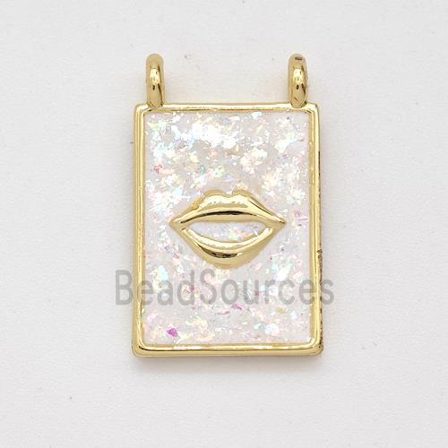 Copper Lips Charms Pendant Pave White Fire Opal Rectangle 2loops 18K Gold Plated