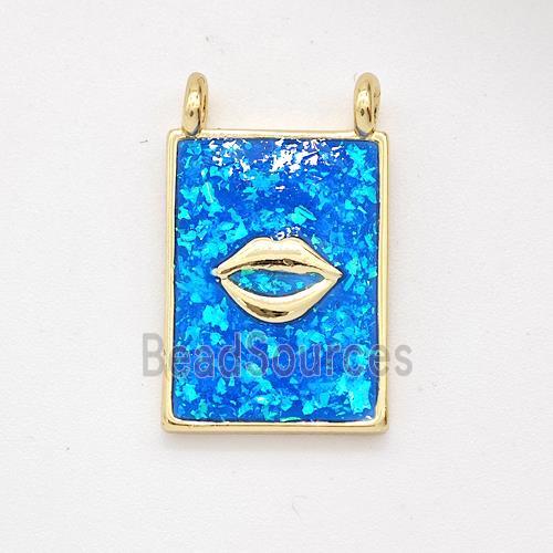 Copper Lips Charms Pendant Pave Blue Fire Opal Rectangle 2loops 18K Gold Plated