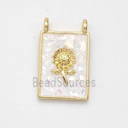 Copper Sunflower Pendant Pave White Fire Opal Rectangle 2loops 18K Gold Plated