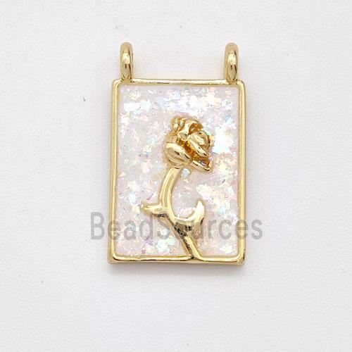 Copper Flower Pendant Pave White Fire Opal Rectangle 2loops 18K Gold Plated