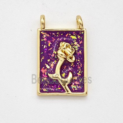 Copper Flower Pendant Pave Purple Fire Opal Rectangle 2loops 18K Gold Plated