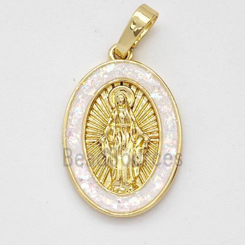 Virgin Mary Charms Copper Pendant Pave White Fire Opal 18K Gold Plated