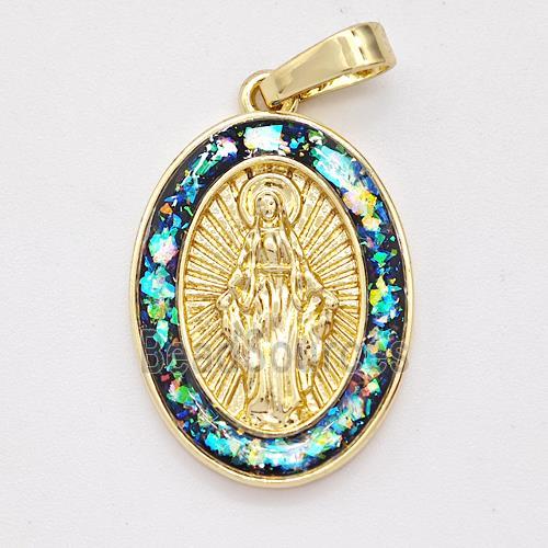 Virgin Mary Charms Copper Pendant Pave Fire Opal 18K Gold Plated