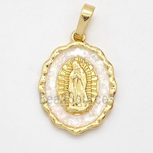 Virgin Mary Charms Copper Pendant Pave White Fire Opal 18K Gold Plated